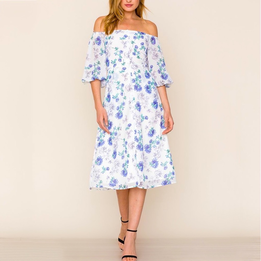 NWT Yumi Kim Puff Sleeve Off-Shoulder Broadway Lilac Floral Midi Dress